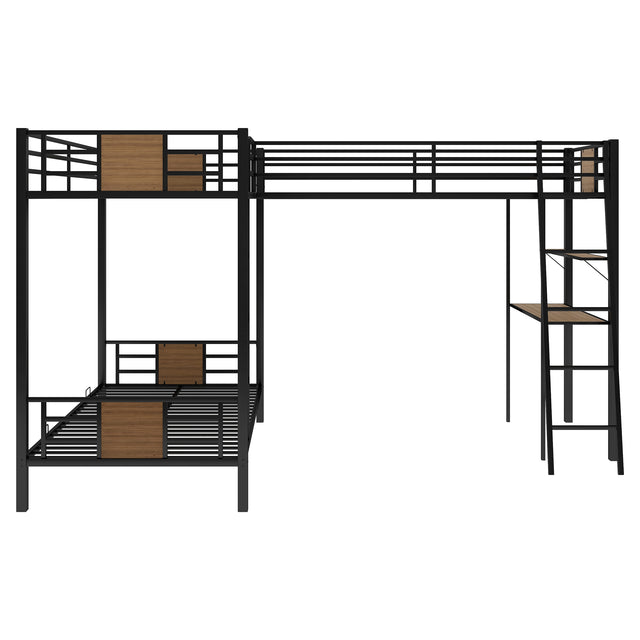 L-Shaped Twin over Twin Bunk Bed with Twin Size Loft Bed with Desk and Shelf ,Brown