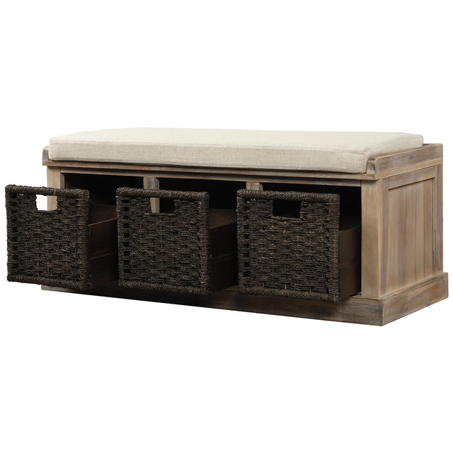 TREXM Rustic Storage Bench with 3 Removable Classic Rattan Basket , Entryway Bench with Removable Cushion (White Washed)