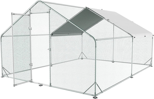 Large Metal Chicken Coop Walk-in Poultry Cage Hen Run House Rabbits Habitat Cage Spire Shaped Coop with Waterproof and Anti-Ultraviolet Cover (10' L x 13' W x 6.4' H)