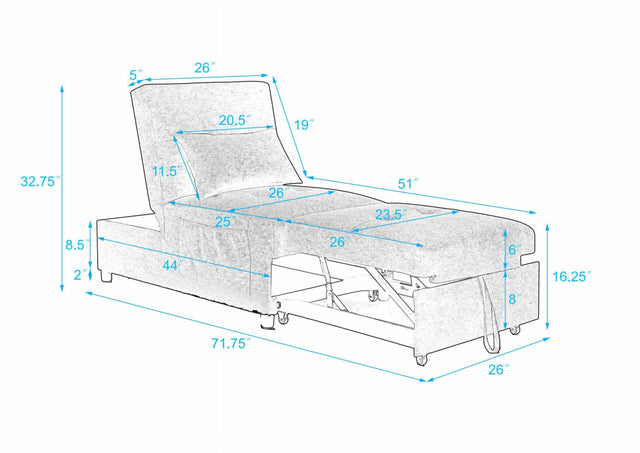 Folding Ottoman Sleeper Sofa Bed, 4 in 1 Function, Work as Ottoman, Chair ,Sofa Bed and Chaise Lounge for Small Space Living, Grey  (44” x 26” x 33”H)