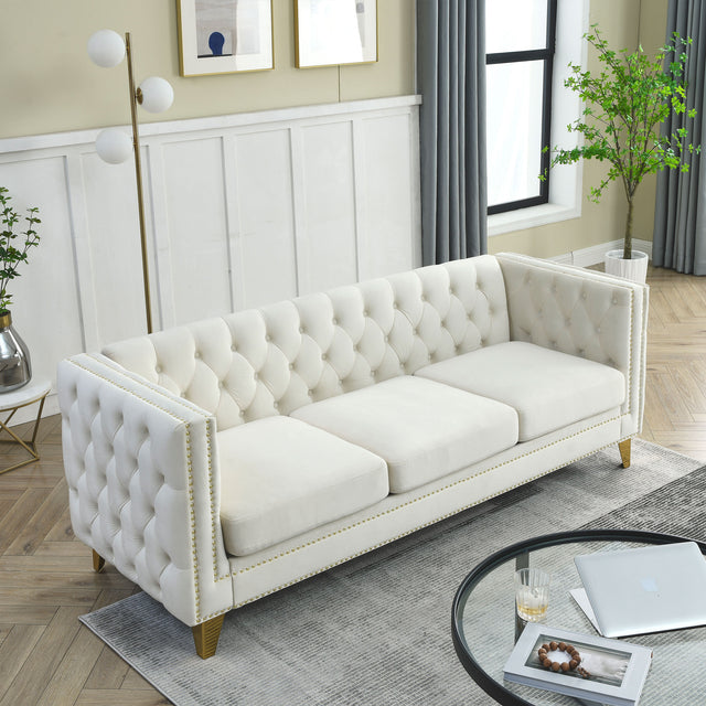 {Contact us for 3D modeling} Velvet Sofa for Living Room,Buttons Tufted Square Arm Couch, Modern Couch Upholstered Button and Metal Legs, Sofa Couch for Bedroom, Beige Velvet