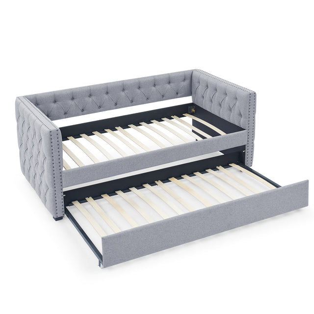 Daybed with Trundle Upholstered Tufted Sofa Bed, with Button and Copper Nail on Square Arms，both Twin Size, Grey（85“x42.5”x31.5“）（Old SKU W487S00045）