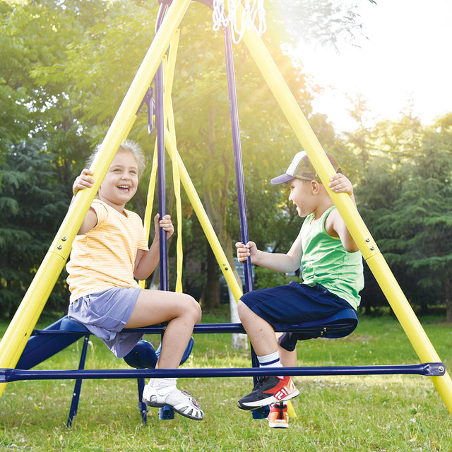 5 in 1 Outdoor Toddler Swing Set for Backyard, Playground Swing Sets with Steel Frame, Swing n' Slide Playset for Kids with Seesaw Swing, Basketball Hoop
