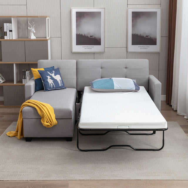78.3" Convertible Sleeper Sofa Bed,Linen Pull Out Couch with Storage Chaise,Sleeper Counch with Memory Foam Mattress for  Small Space Living Room Bedroom Office,Light Gray