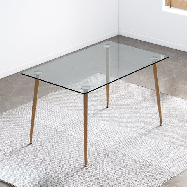 Modern Rectangular Glass Dining Table for 4-6 with 0.31" Tempered Glass Tabletop and Light woodcolor Powder Coating  Metal Legs, Writing Table Desk,for Kitchen Dining Living Room, 51" W x 31"D x 30" H