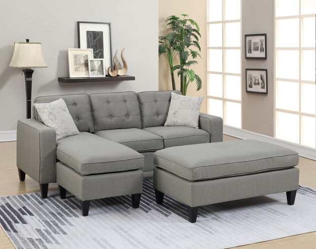 Reversible 3pc Sectional Sofa Set Light Grey Tufted Polyfiber Wood Legs Chaise Sofa Ottoman Pillows Cushion Couch