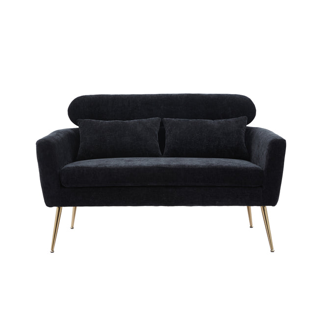 51"W Modern Chenille Loveseat Small Sofa Small Mini Room Couch Two-Seater Sofa With 2 Throw Pillows Gold Metal Legs for Small Space Office Studio Apartment Bedroom, Black Chenille