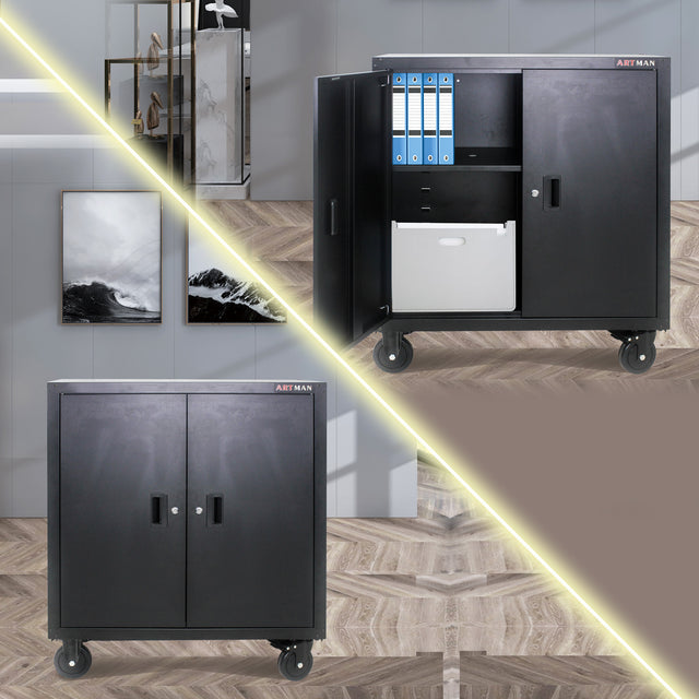 Metal Storage Cabinet with Locking Doors and One  Adjustable Shelves With 4 Wheels
