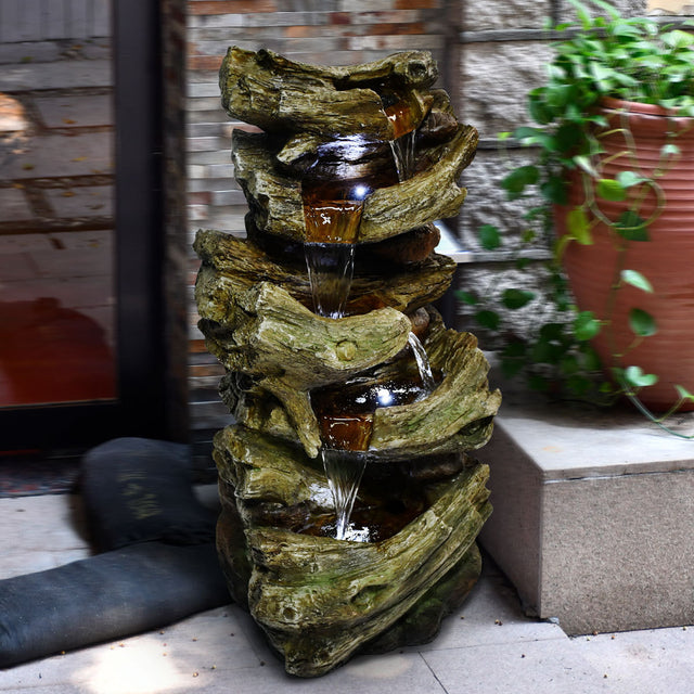 Indoor Outdoor  5-Tier Floor Rack Water Fall Fountain with White LED Light for Patio Yard Garden Lawn