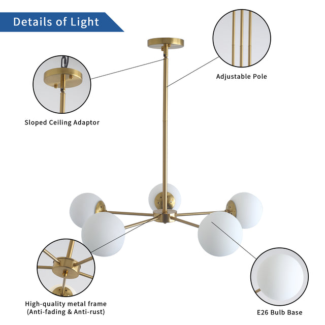 Modern American style chandelier-white-glass lampshade -5 bulbs