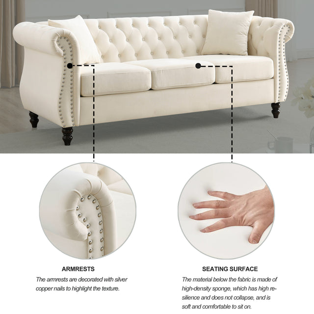 [Video] 80" Chesterfield Sofa Beige Velvet for Living Room, 3 Seater Sofa Tufted Couch with Rolled Arms and Nailhead for Living Room, Bedroom, Office, Apartment, two pillows