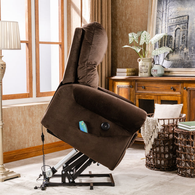 Electric lift recliner with heat therapy and massage, suitable for the elderly, heavy recliner, with modern padded arms and back, chocolate color