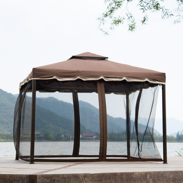 TOPMAX 9.8Ft. Wx9.8Ft.L Outdoor Iron Vented Dome Top Patio Gazebo with Netting for Backyard, Poolside and Deck, Brown