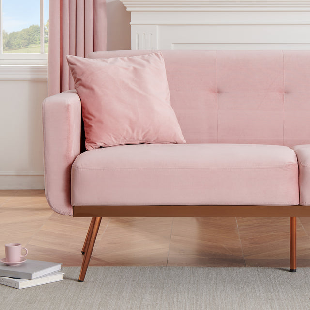 [New+Video]Modern pink velvet sand living room sofa with midfoot and two throw pillows