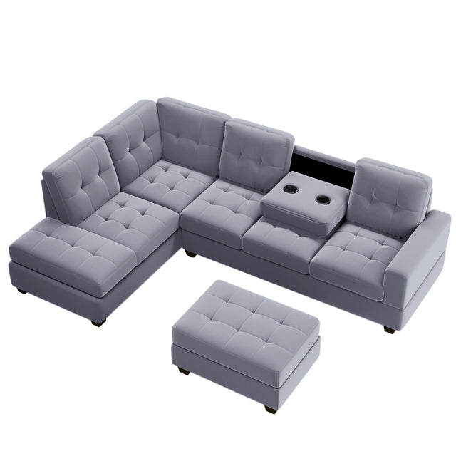 Orisfur. Modern Sectional Sofa with Reversible Chaise, L Shaped Couch Set with Storage Ottoman and Two Cup Holders for Living Room