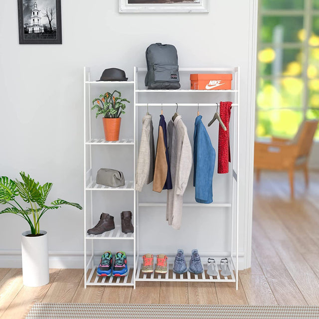 Clothes Rack,Heavy Duty Clothes Rack with Shelves,Freestanding Closet Organizer for Living Bedroom Room Kitchen Bathroom Entryway Office Storage Shelves Clothes Hanging Rack,CR-538 White