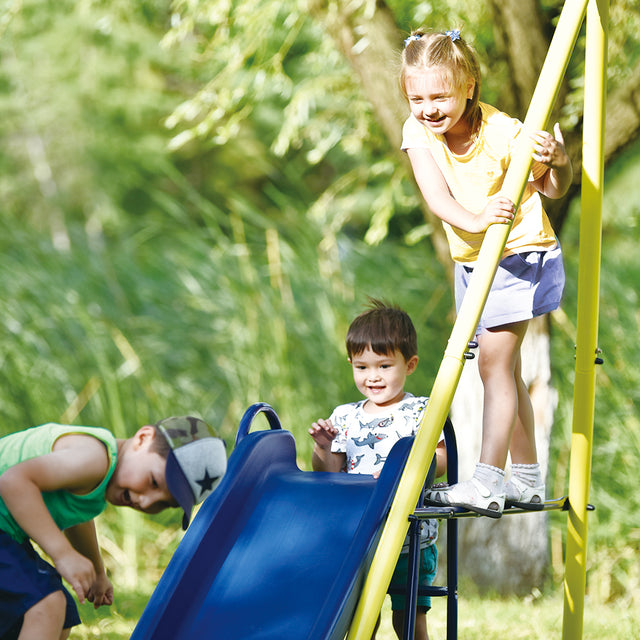 5 in 1 Outdoor Toddler Swing Set for Backyard, Playground Swing Sets with Steel Frame, Swing n' Slide Playset for Kids with Seesaw Swing, Basketball Hoop