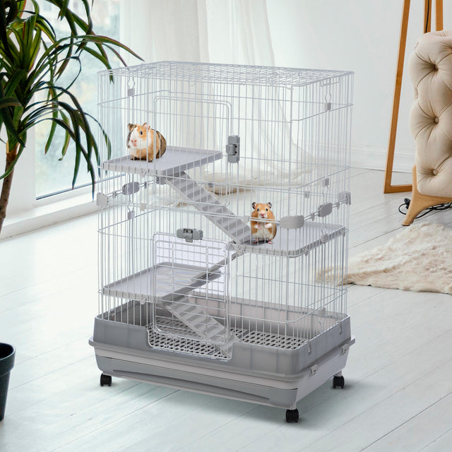 4-Tier 32"Small Animal Metal Cage Height Adjustable with Lockable Casters  Grilles Pull-out Tray for Rabbit Chinchilla Ferret Bunny Guinea Pig Squirrel Hedgehog(GREY)(=OLD SKU:W69133215)