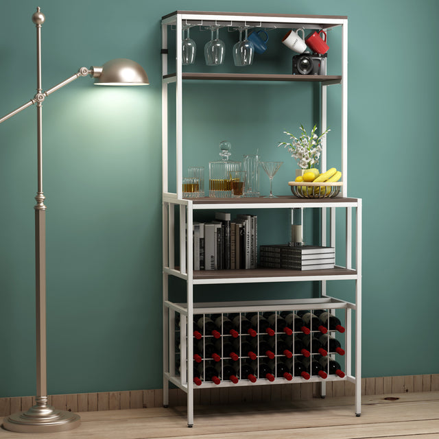 TOPMAX Updated Industrial Modern 5-Tier Baker Rack, Freestanding Bar Wine Rack Table with Glass& Cup Holders&Hooks,  Dark Brown