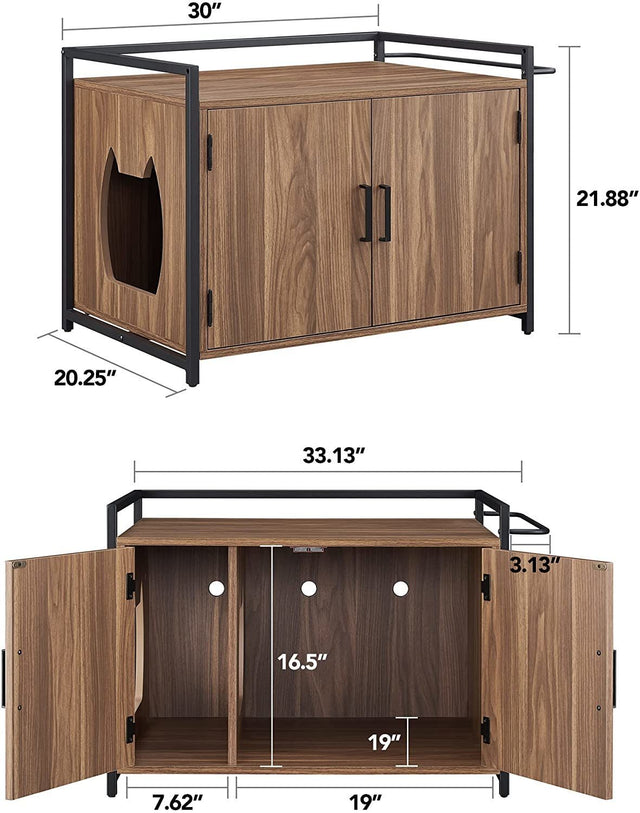 Hidden Cat Litter Box Furniture with Ventilation and Bench Seat, Pet Crate with Iron and Wood Sturdy Structure