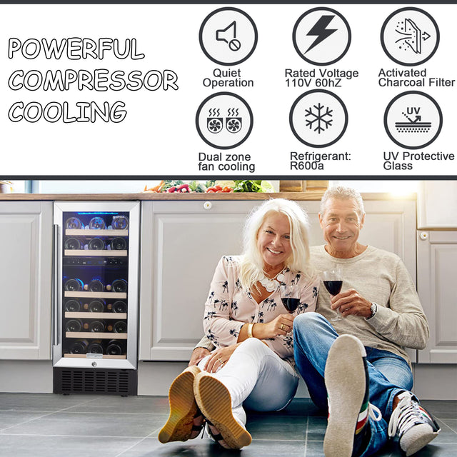 SOTOLA 15 Dual Zone Inch Wine Cooler Refrigerators 28 Bottle Fast Cooling Low Noise Wine Fridge with Professional Compressor Stainless Steel, Digital Temperature Control Screen Built-in or Freestandin
