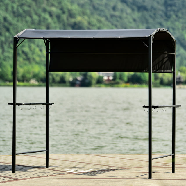 TOPMAX Outdoor 7Ft.Wx4.5Ft.L Iron Double Tiered Backyard Patio BBQ Grill Gazebo with Side Awning, Bar Counters and Hooks, Gray