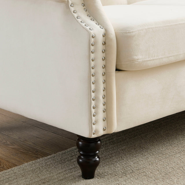 [Video] 79" Chesterfield Sofa Beige Velvet for Living Room, 3 Seater Sofa Tufted Couch with Rolled Arms and Nailhead for Living Room, Bedroom, Office, Apartment, two pillows