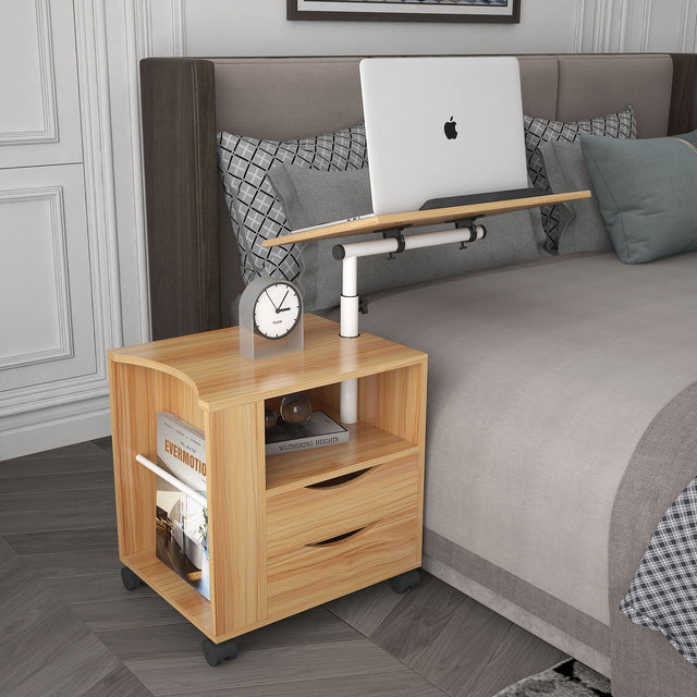 Height Adjustable Overbed End Table Wooden Nightstand with Swivel Top, Storage Drawers, Wheels and Open Shelf,  (White Maple)