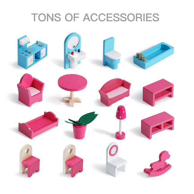 Wooden Dollhouse with Furniture 4-Rooms, with 18 pcs Furniture & Accessories