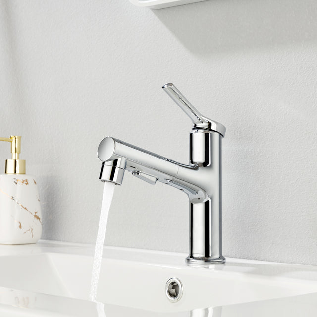 Single Hole Bathroom Faucet with Pull Out Sprayer, Dual Spray Modes, Solid Brass Polished Chrome Bathroom Faucet for Sink, Modern One Handle Bath Vanity Faucet with Face Basin Mixer Tap\\nVisit the YI