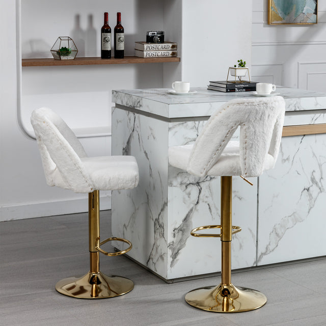 Golden Swivel Velvet Barstools Adjusatble Seat Height from 25-33 Inch, Modern Bar Stool & Counter Stools with Nailheads for Home Pub and Kitchen Island,Set of 2, Faux White Rabbit Hair