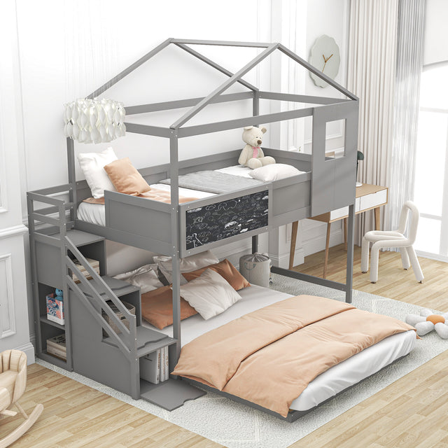Twin over Full House Bunk Bed with Storage Staircase and Blackboard,Grey