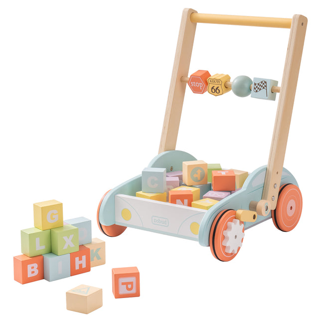 Wooden Baby Walker with Building Blocks, Push Walker for Baby Boys and Girls Learning to Walk Toddler Gift for 1 2 3 Year Old