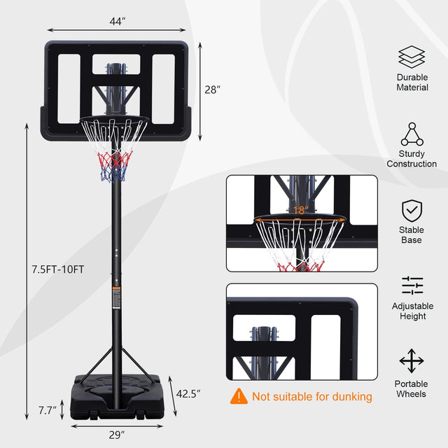 Teenagers Portable Basketball Hoop Height Adjustable basketball hoop stand 6.6ft - 10ft with 44 Inch Backboard and Wheels for Adults Teens