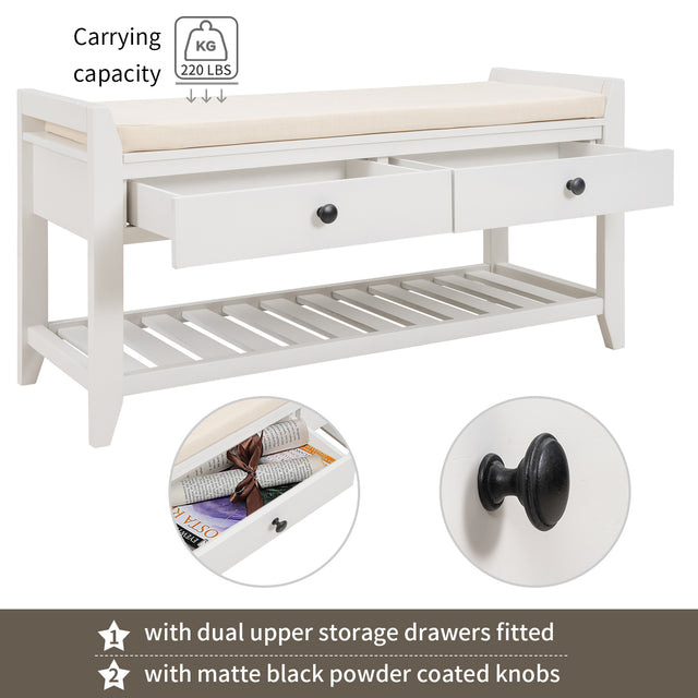 TREXM  Shoe Rack with Cushioned Seat and Drawers, Multipurpose Entryway Storage Bench (White)