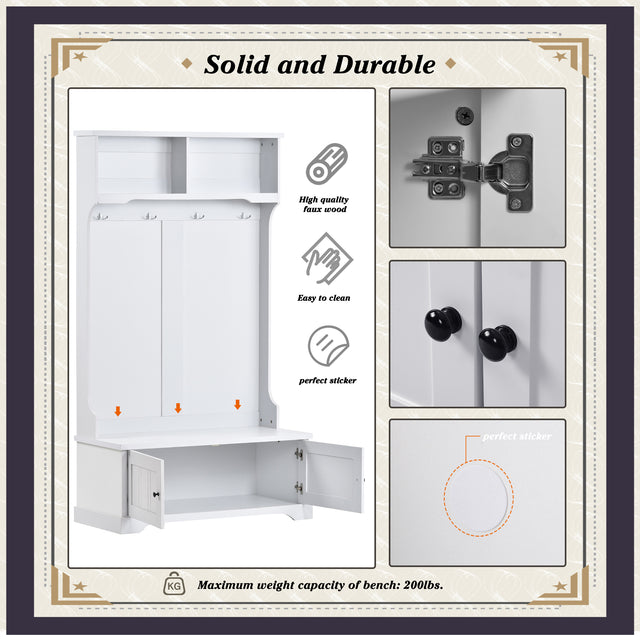 ON-TREND Hall Tree Entryway Bench with Shelves Cabinet and Four Hooks, 3-in-1 Design, White