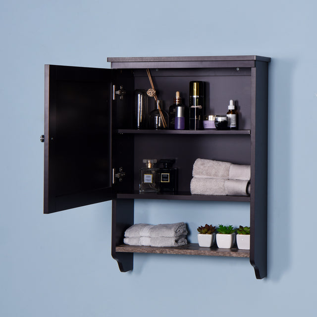 Espresso Bathroom Wall Cabinet with 2 Door Wooden Cabinet with 1 Shelf