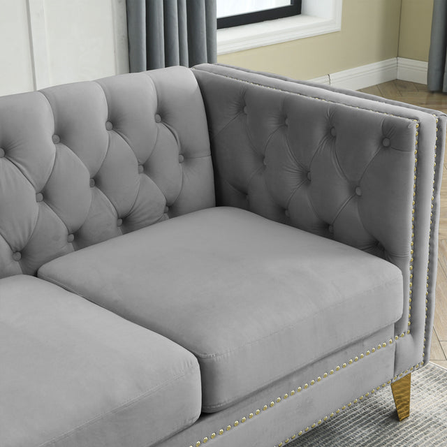 {Contact us for 3D modeling}  Velvet Sofa for Living Room,Buttons Tufted Square Arm Couch, Modern Couch Upholstered Button and Metal Legs, Sofa Couch for Bedroom, Grey Velvet