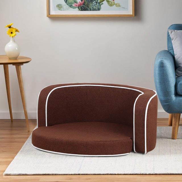 30" Brown Round Pet Sofa, Dog sofa, Dog bed, Cat Bed, Cat Sofa, with Wooden Structure and Linen Goods White Roller Lines on the Edges Curved Appearance pet Sofa with Cushion