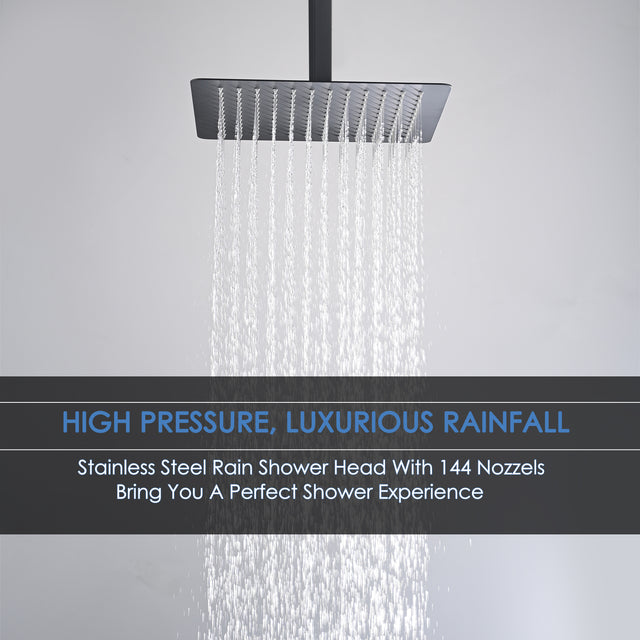 12 Inch Rain Shower Head, 10" Square Rainfall & High Pressure Stainless Steel Bath Showerhead, Waterfall Full Body Coverage With Silicone Nozzle