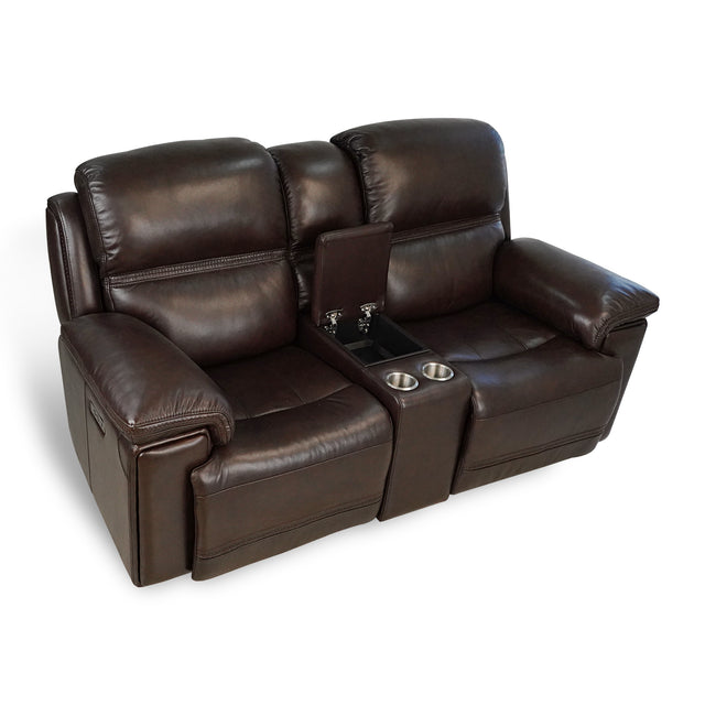Timo Top Grain Leather Power Reclining Loveseat With Console | Adjustable Headrest | Storage | Steel Cup Holders | Cross Stitching