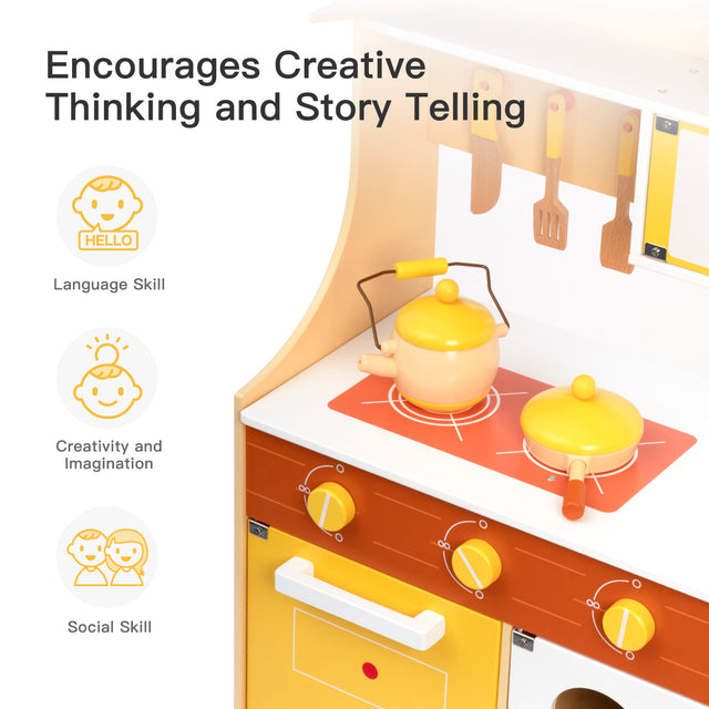 Wooden Pretend Play Kitchen Set for Kids Toddlers, Toys Gifts for Boys and Girls,Yellow