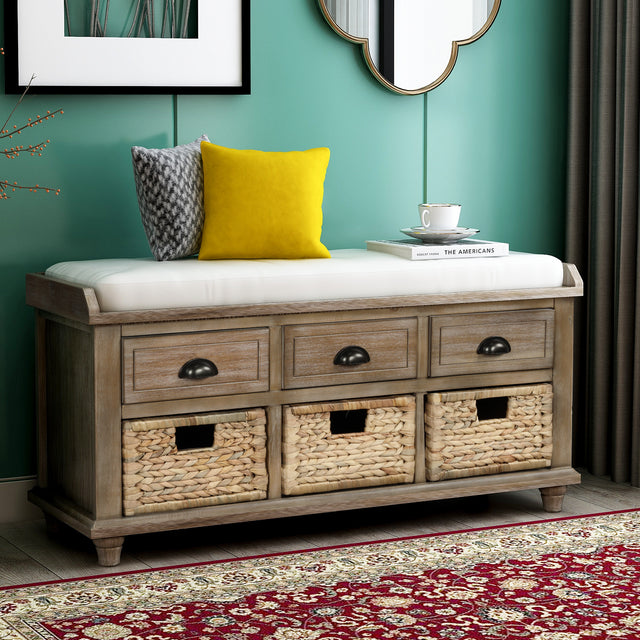 TREXM Rustic Storage Bench with 3 Drawers and 3 Rattan Baskets, Shoe Bench for Living Room, Entryway (White Washed)