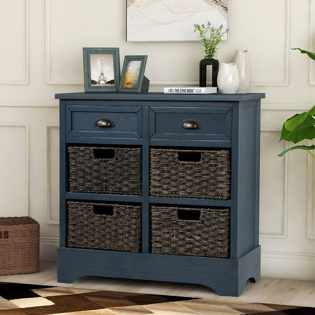 TREXM Rustic Storage Cabinet with Two Drawers and Four  Classic Rattan Basket for Dining Room/Entryway/Living Room (Antique Navy)