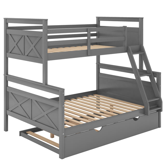 Twin over Full Bunk Bed with Ladder, Twin Size Trundle, Safety Guardrail, Gray