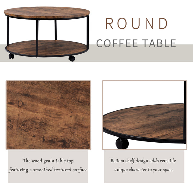 ON-TREND Round Coffee Table with Caster Wheels and Wood Textured Surface for Living Room, φ35.5”( Distressed Brown)