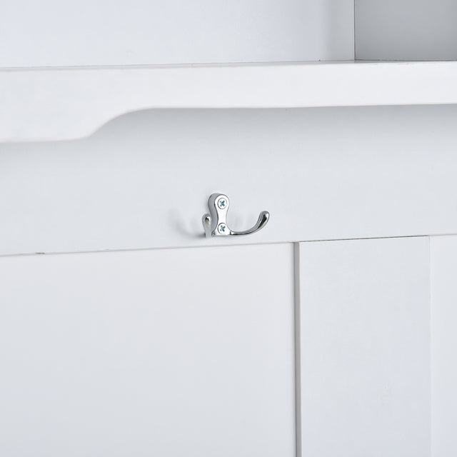 ON-TREND Hall Tree Entryway Bench with Shelves Cabinet and Four Hooks, 3-in-1 Design, White