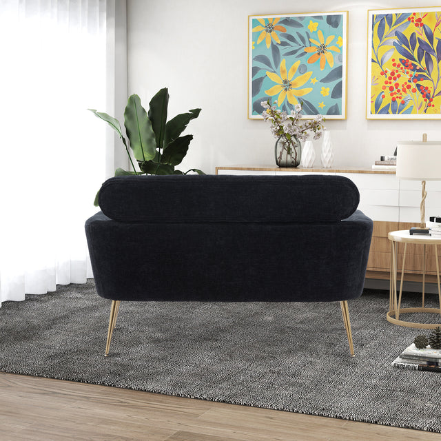 51"W Modern Chenille Loveseat Small Sofa Small Mini Room Couch Two-Seater Sofa With 2 Throw Pillows Gold Metal Legs for Small Space Office Studio Apartment Bedroom, Black Chenille