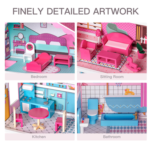 Wooden Dollhouse with Furniture 4-Rooms, with 18 pcs Furniture & Accessories