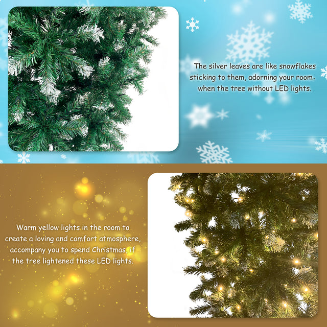 Upside Down Green Christmas Tree, Xmas Tree with LED Warm White Lights, Green leaves with part spraying White, Reinforced Metal Base & Easy Assembly 7.4ft X-mas